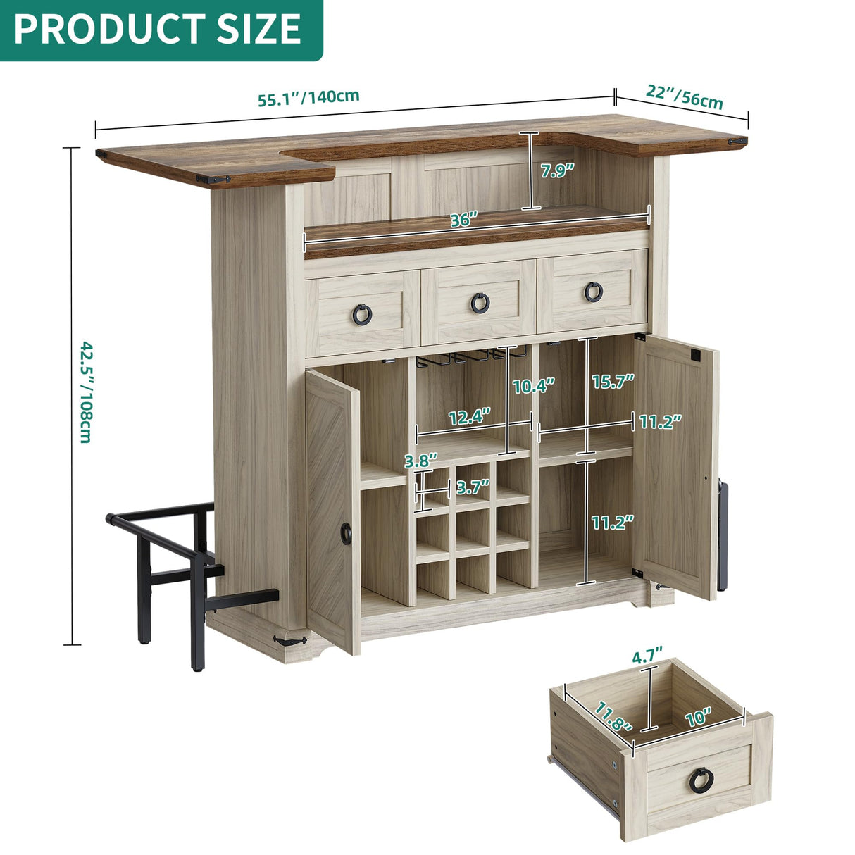 YITAHOME Home Bar Unit with LED Lights ＆ Drawer, Farmhouse Bar Cabinet with Glasses Holder and Wine Storage, Wine Bar Cabinet Set Mini Bar with Footrest for Living Room, Off White+Walnut Grain YITAHOME