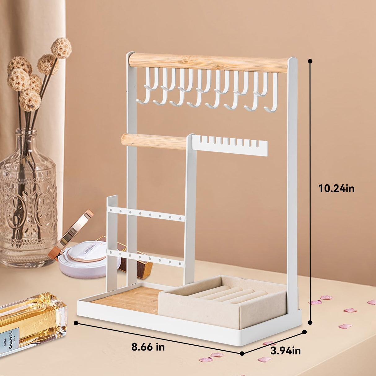 DreamGenius Jewelry Organizer Stand with Velvet Ring Holder, 4 Tier Jewelry Holder Organizer with 15 Hooks for Necklaces and 16 Holes for Earrings, White DreamGenius