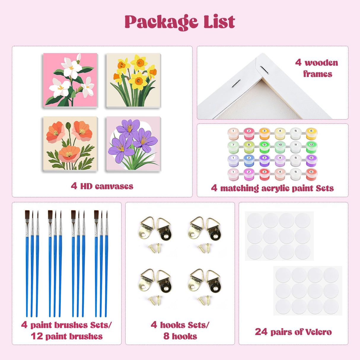 MXJSUA 4 Pack Flowers Paint by Numbers Kit with Framed Canvas for Ages 6-12 Kids, Paint by Numbers Kits for Adult Beginners, Acrylic Oil Painting for Home Wall Decor Gift (8x8 inch) MXJSUA