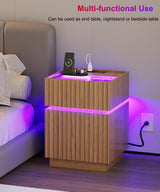 Irontar Fluted Nightstand with 2 Drawers & RGB LED Lights, Wooden Night Stand with Glass Top, Bedside Table with Charging Station, Modern End Side Table for Bedroom, Natural Oak BZZ012ME Irontar