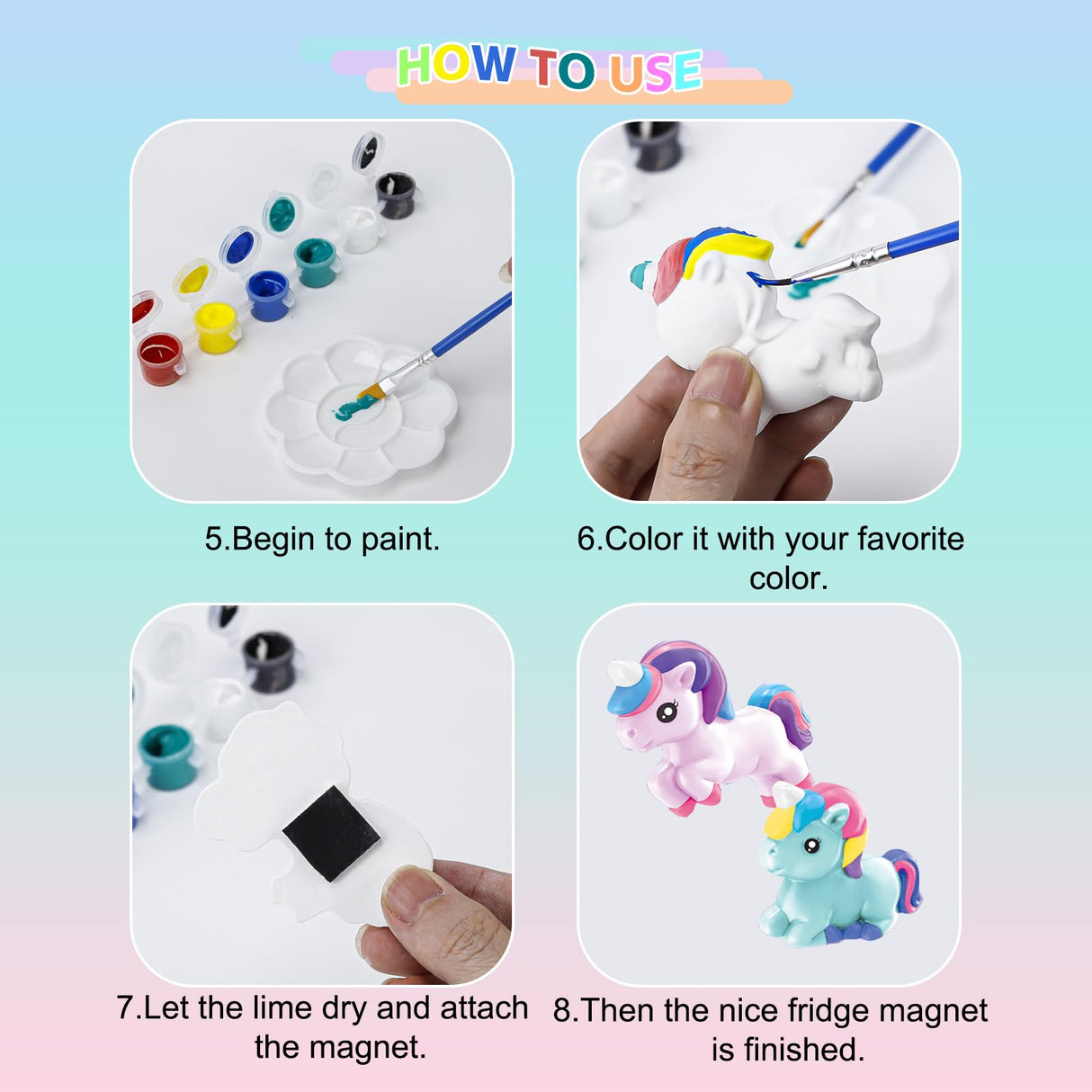 DIY Unicorn Painting Kit - Arts & Craft Set with 6 Plaster Unicorn Mold Fridge Magnets, 6 Paint Pots, 2 Brushes & 1 Scraper, Used in Living Room, Canteen, Creative Gift for Girls Angerbaby