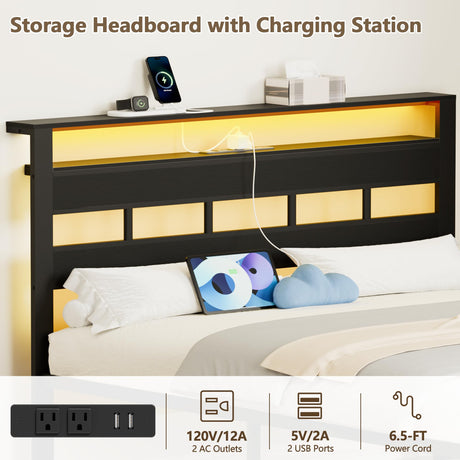 Furnulem Queen Bed Frame with Storage Headboard and LED Lights, Metal Bedframe with Charging Station and USB Port, Queen Size Platform Bed with Heavy Duty Slats, No Box Spring Needed, Black Oak Furnulem