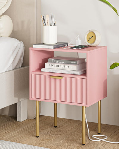 Aienvey Night Stand with Charging Station, Fluted Bedside Table with Gold Frame, Side Table with Drawer and Shelf for Bedroom, Living Room, Pink
