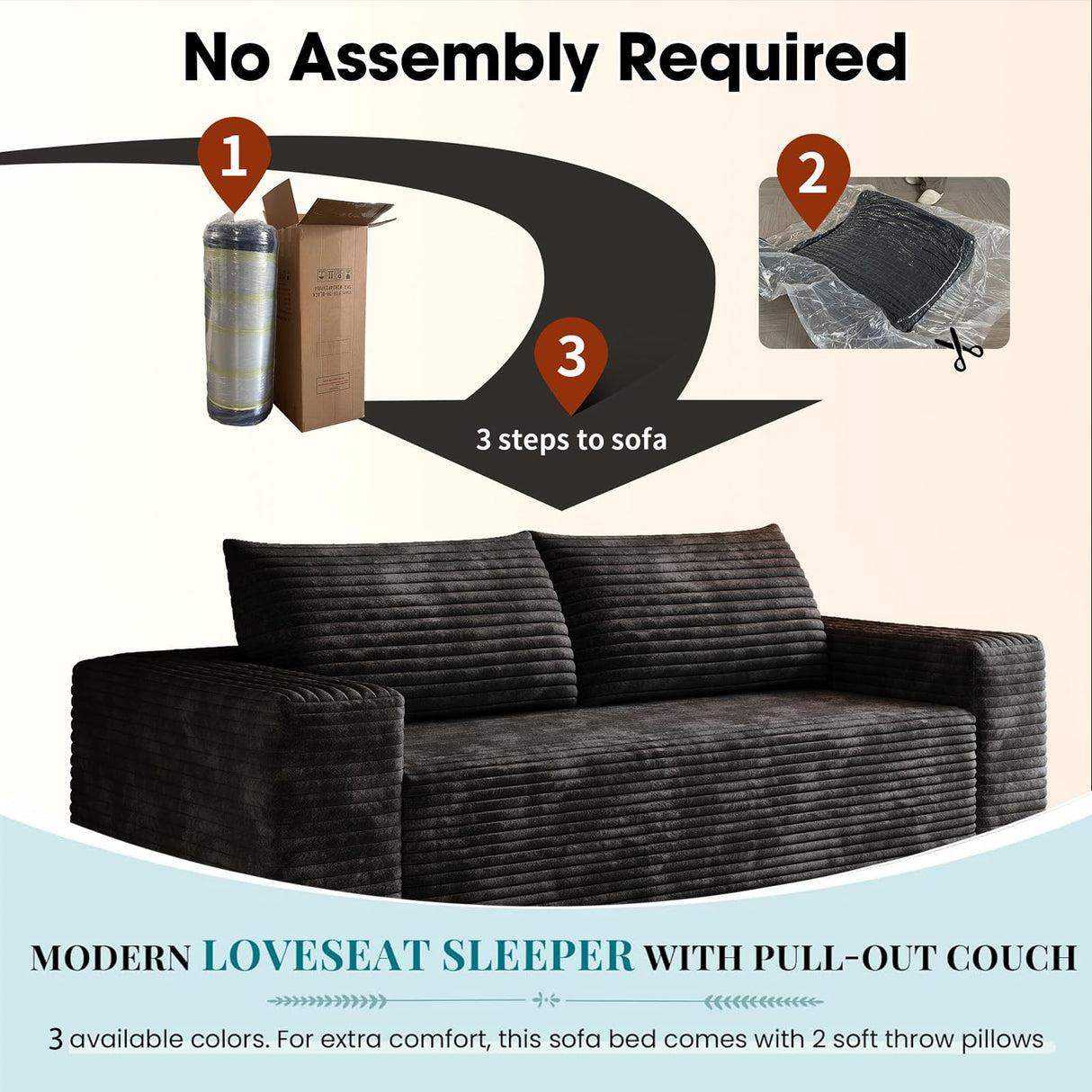 63" Cloud Loveseat Sofa - Boneless Deep Seat 2-Seater, No Assembly Foam Floor Couch, Plush Corduroy Fabric, Modern Living Room Sofa for Small Space Apartment, Bedroom, Office (Black, 63") Klwenas Maec