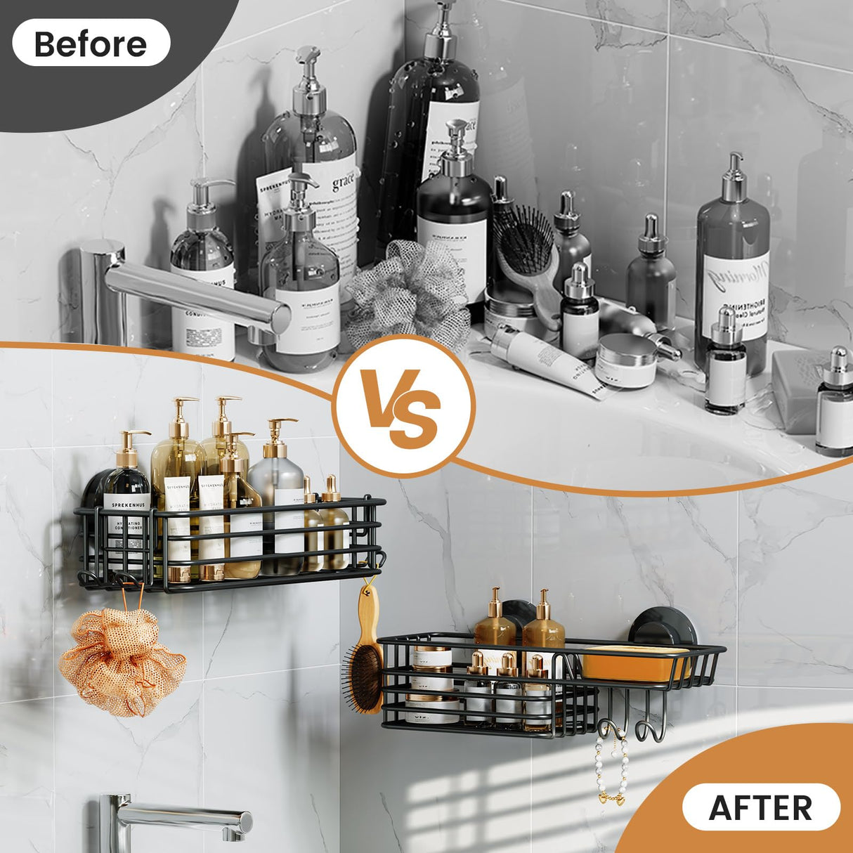 LEVERLOC Shower Caddy Suction Cup, 2 Pack suction shower shelf with Hooks & Soap holder, NO-Drilling Bathroom Holder, Rustproof bathroom organizer, Black LEVERLOC