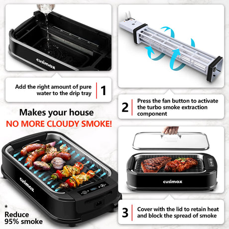 Indoor Grill, CUSIMAX Smokeless Grill Indoor, 1500W Electric Grill Griddle Korean BBQ Grill with LED Smart Display & Tempered Glass Lid, Non-stick Removable Grill Plate & Griddle Plate, Black CUSIMAX