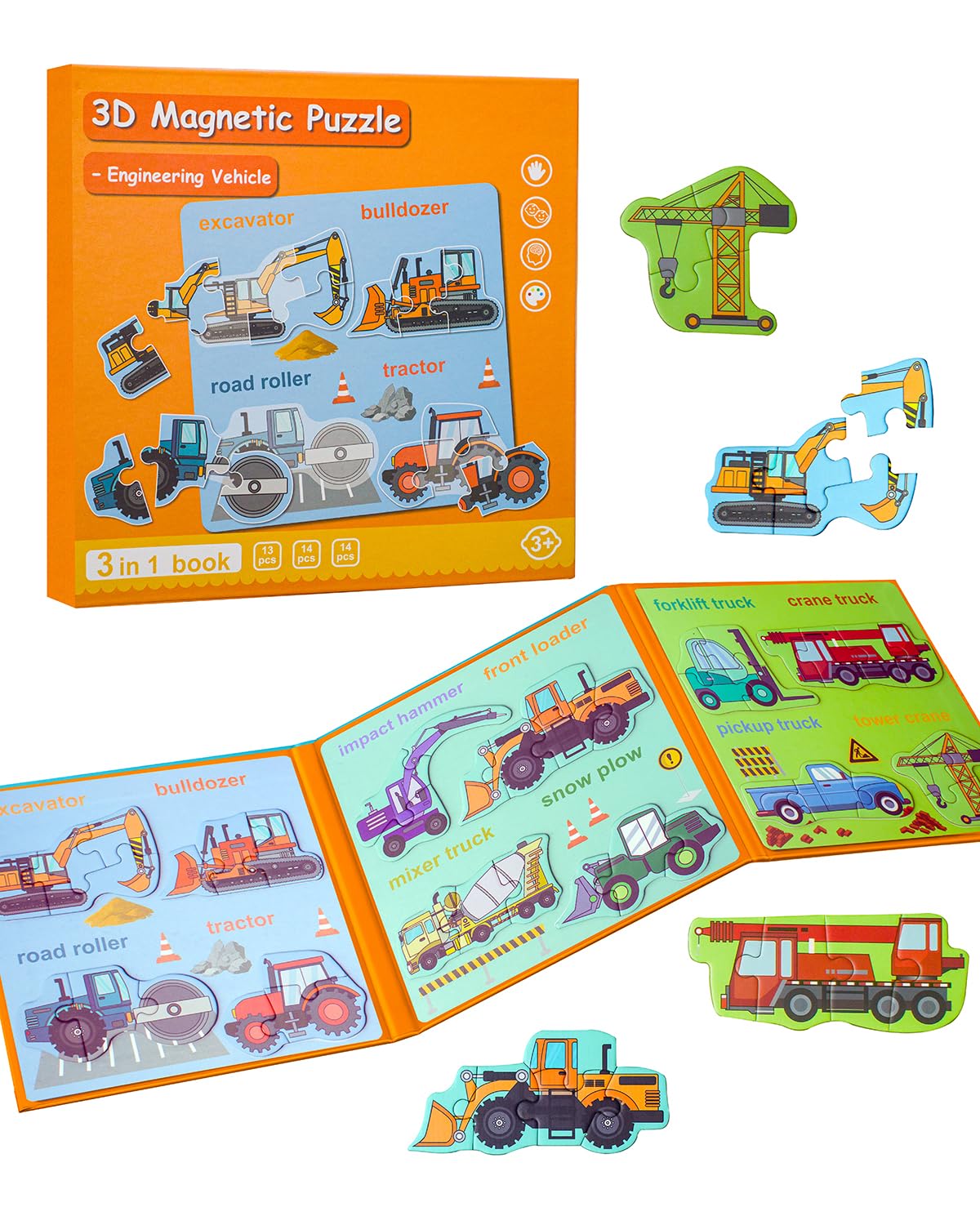 Magnetic Puzzles for Toddlers 3-5, Travel Puzzles for Kids Ages 1-3, Engineering Vehicle Wooden Jigsaw Puzzles Book for Kids 2-4 Learning Gift for Road Trip (Excavator) Unistylar