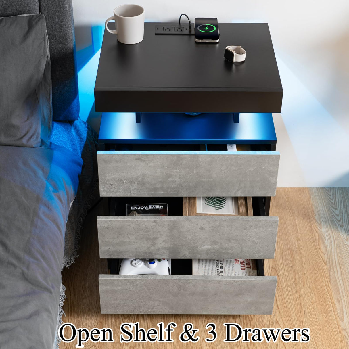 HOMMPA LED Nightstand with Wireless Charging Station & USB Ports, 3 Drawer Night Stand with LED Light RGB Adjustable Brightness, Smart Nightstand High Gloss Bedside Table for Bedroom Gray HOMMPA