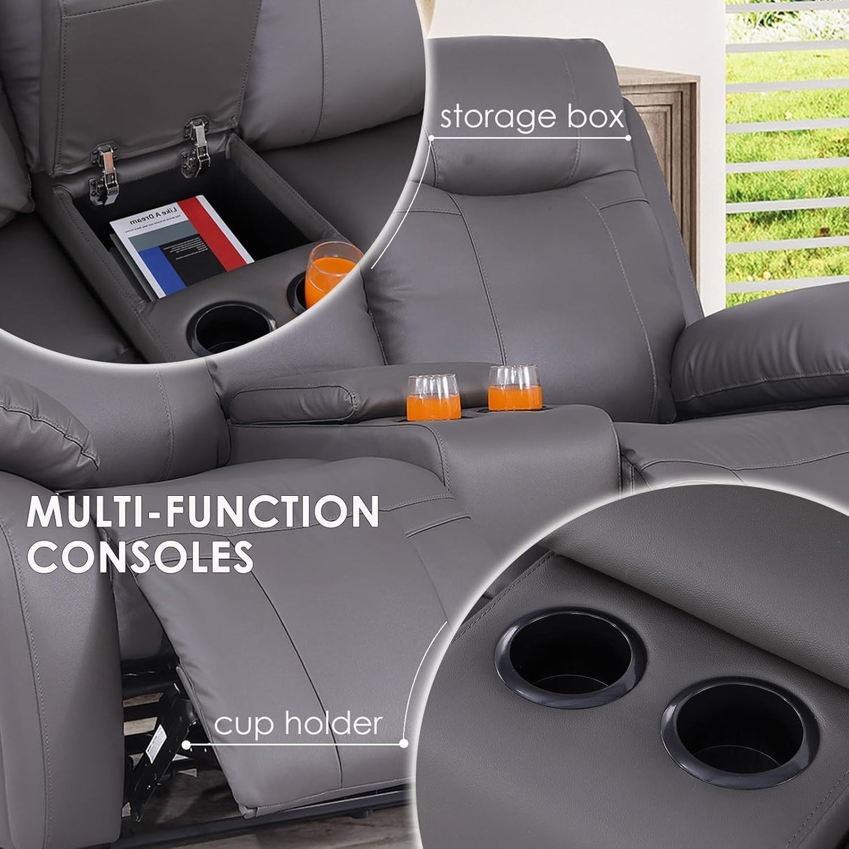 Manual Recliner Sofa Set Furniture for Living Room, Leather Reclining Sofa, Home Theater Seating 3 Pcs Included Recliner Chair, Reclining Loveseat and 3 Seater Sofa with Console Storage (1+2+3), Gray poplarbox