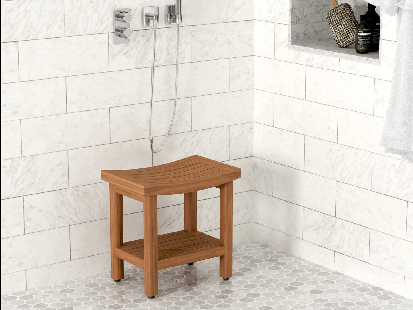 AquaTeak Patented 18" Sumba Teak Shower Bench with Shelf