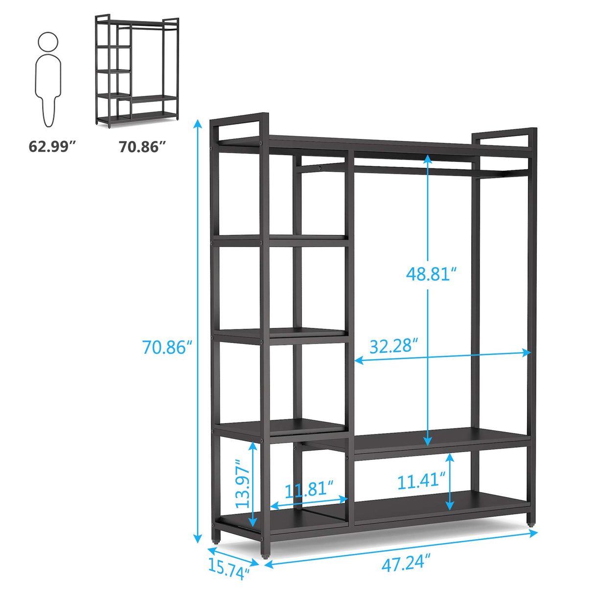Tribesigns Free-standing Closet Organizer with 6 Storage Shelves and Hanging Bar, Large Standing Clothes Garment Rack（Black） Tribesigns