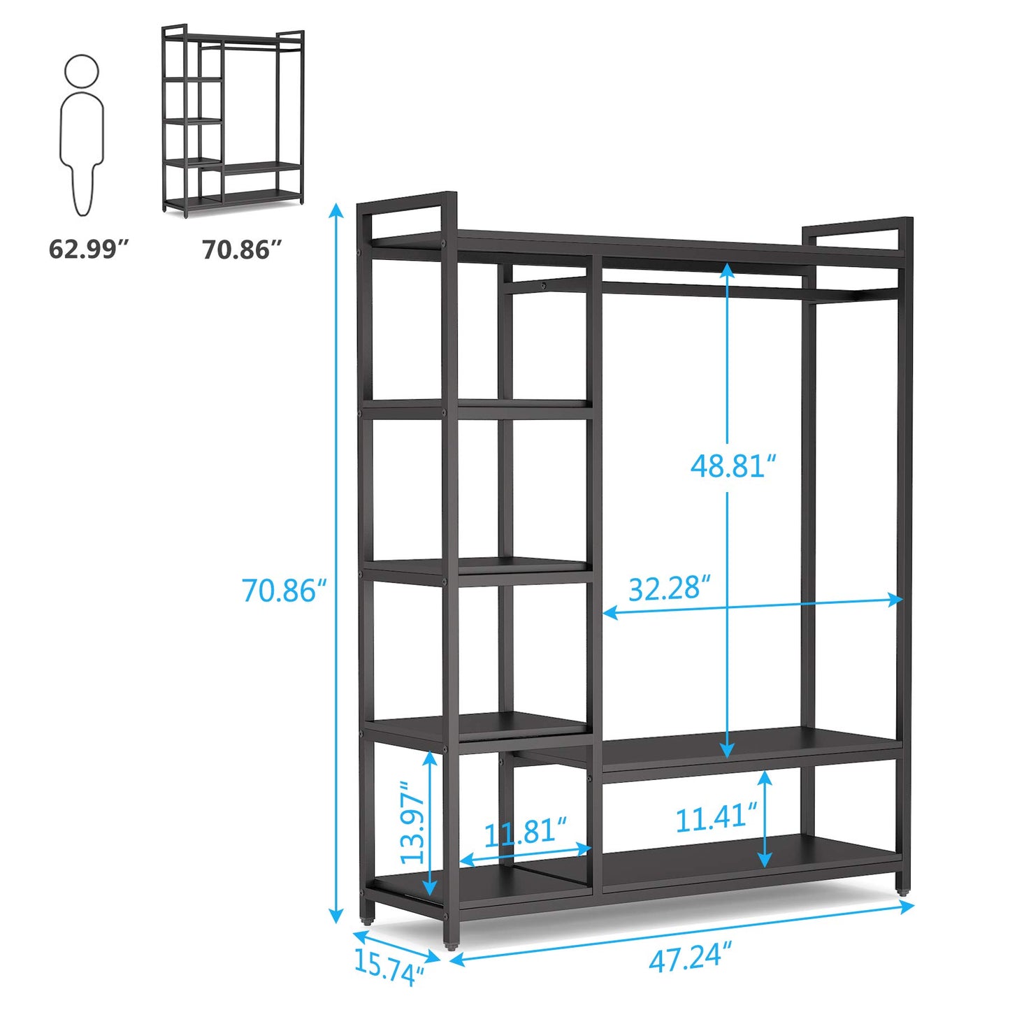 Tribesigns Free-standing Closet Organizer with 6 Storage Shelves and Hanging Bar, Large Standing Clothes Garment Rack（Black） - WoodArtSupply