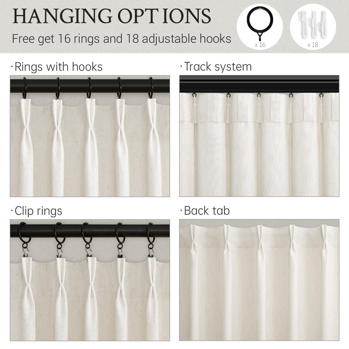 Natural Pinch Pleated Linen Curtains 84 Inch Long 2 Panels for Living Room Bedroom Country Farmhouse Thick Linen Textured Semi Sheer Back Tab Pinch Pleat Hooks Rings Window Curtain Birch Cream 7 FT Drapenova