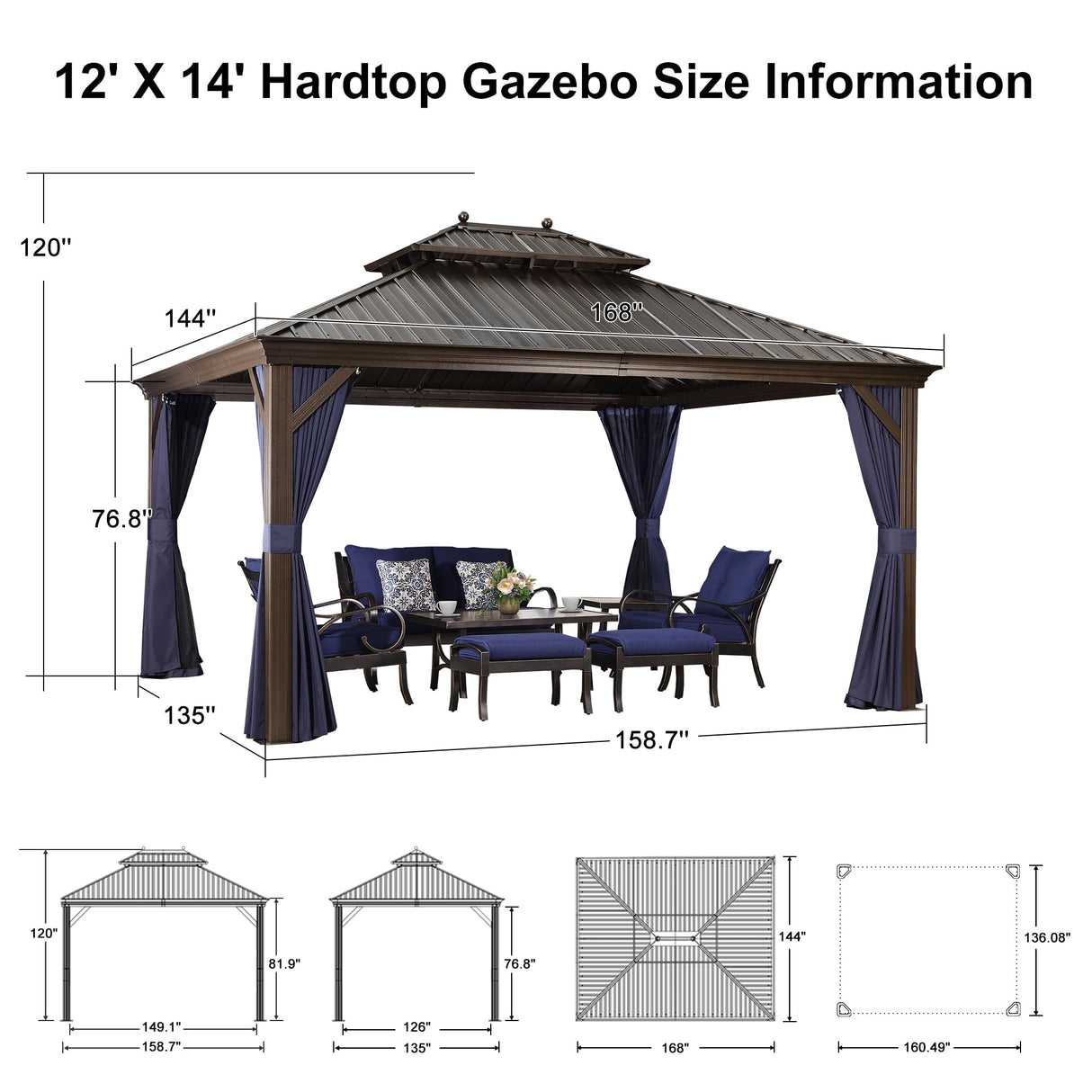 PURPLE LEAF 12' X 14' Hardtop Gazebo Canopy with Curtains and Netting for Patio Deck Backyard Heavy Duty Sunshade UV Protection Metal Outdoor Permanent Pavilion PURPLE LEAF