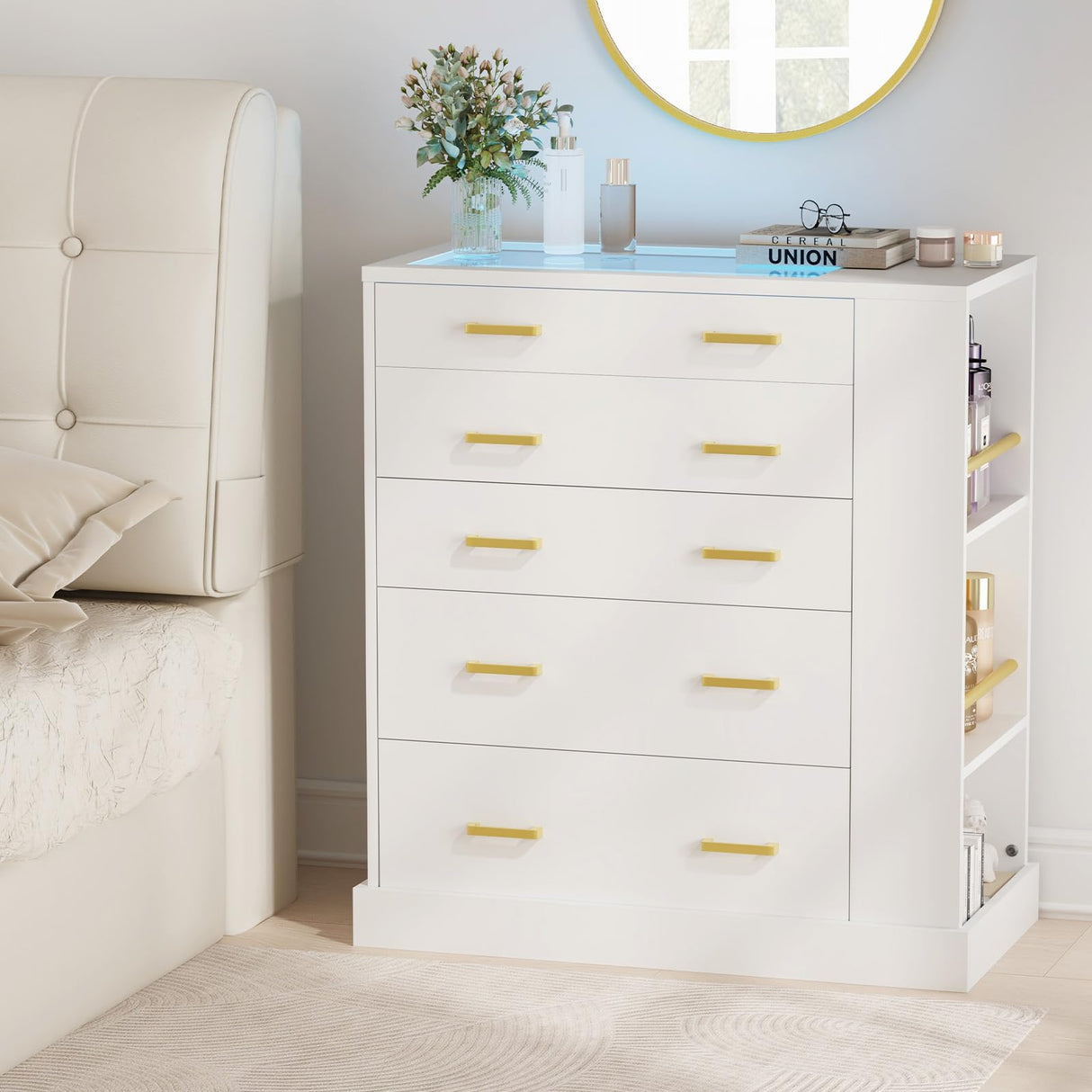 JanflyHome Closet Island with Open Shelves, Modern Glass Top Dresser with LED Lights, Tall Chest of Drawers with Jewelry Organizer for Bedroom,Living Room, Bedroom, Hallway, Entryway, White JanflyHome