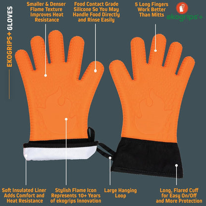 Ekogrips+ Oven Gloves with Fingers, Comfy Waterproof Heat Resistant Cooking Gloves -Long Cuff and Good Dexterity, Silicone Oven Mitts, Insulated BBQ Gloves, Outdoor Grill Gloves, Orange, OSFM