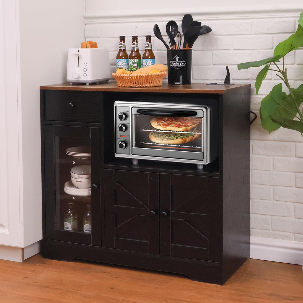 Walmokid Storage Cabinet with Power Outlet, 35" Modern Sideboard Buffet Cabinet w/Adjustable Shelf, Wooden Kitchen Cabinet with Open Shelves for Living Room, Dining Room, Kitchen, Black Walmokid