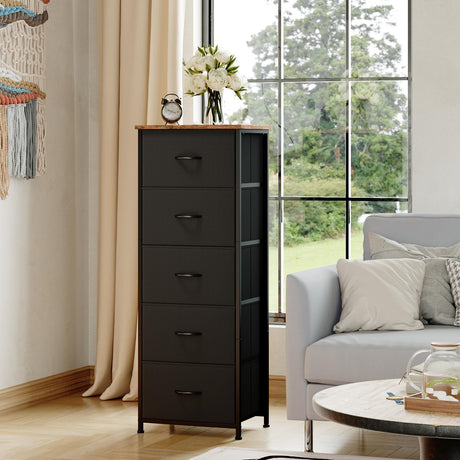 Somdot Dresser for Bedroom,Chest of Drawers Storage Organizer,Steel, MDF,Non-Woven Fabric Drawers,Closet Bedside Living Room Entryway Hallway,11.8"D x 16.5"W x 45.1"H (5 Drawers) Black Rustic Brown,1 Somdot