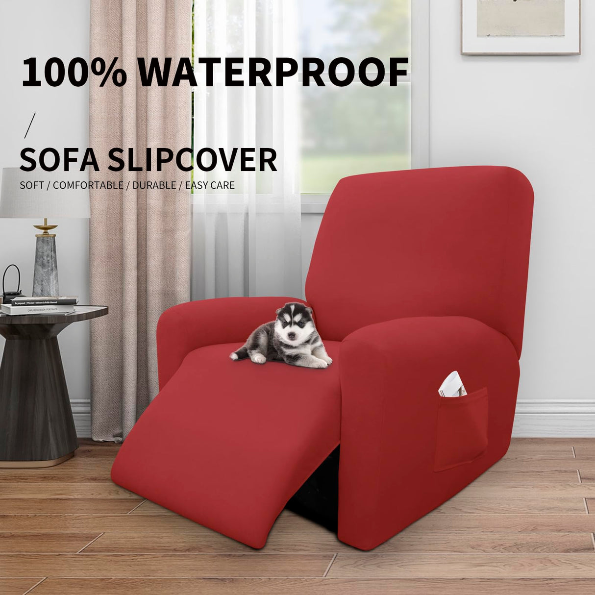 Easy-Going 4 Pieces 100% Dual Waterproof Recliner Cover Stretch Soft Couch Cover for Dogs, Sofa Slipcover for Recliner Couch Leakproof Furniture Protector for Kids Christmas Red Easy-Going