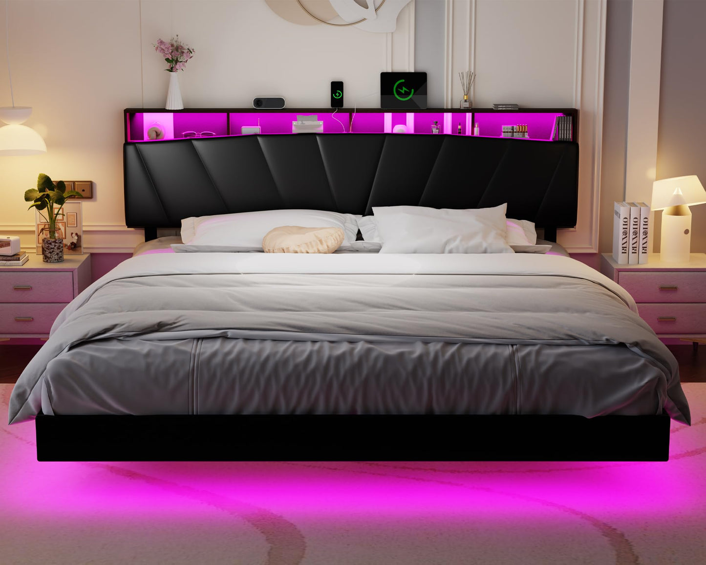 DYHOME Queen Floating Bed Frame with Storage Headboard, LED Lights & Charging Station - Black PU Leather - WoodArtSupply