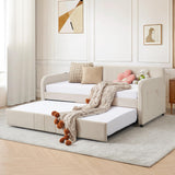 Twin Size Daybed with Pop Up Trundle Bed,Velvet Twin to King Size Day Bed Frame with USB Ports&Side Pockets,Extendable Upholstered Wooden Sofa Bed for Bedroom,Living Room,No Box Spring Needed,Beige JEEOHEY