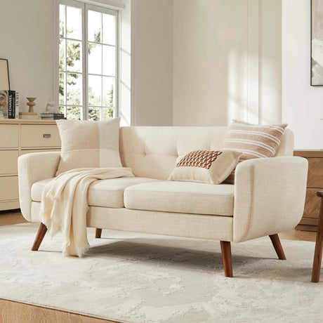 Kingfun 2 Piece Loveseat and Sofa Sets, Mid Century Modern Decor Love Seat Couches for Living Room, Button Tufted Upholstered Furniture, Easy to Install Small Couch for Bedroom, Office, Beige Kingfun