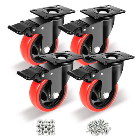 Nefish 4 Inch Industrial Caster Wheels with Brake, Casters Set of 4 Heavy Duty Industrial Grade Casters, Non-Marking Polyurethane Wheels, Workbench Casters 1800 Lbs for Cart, Furniture, Shelving Nefish
