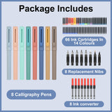 GC QUILL Calligraphy Pen Set 74pcs- 8 Calligraphy Fountain Pens with Varied Nibs, 66 Ink Cartridges(14 Colors)-Writing, Drawing, Calligraphy Practice for Beginner GC-F866 GC QUILL