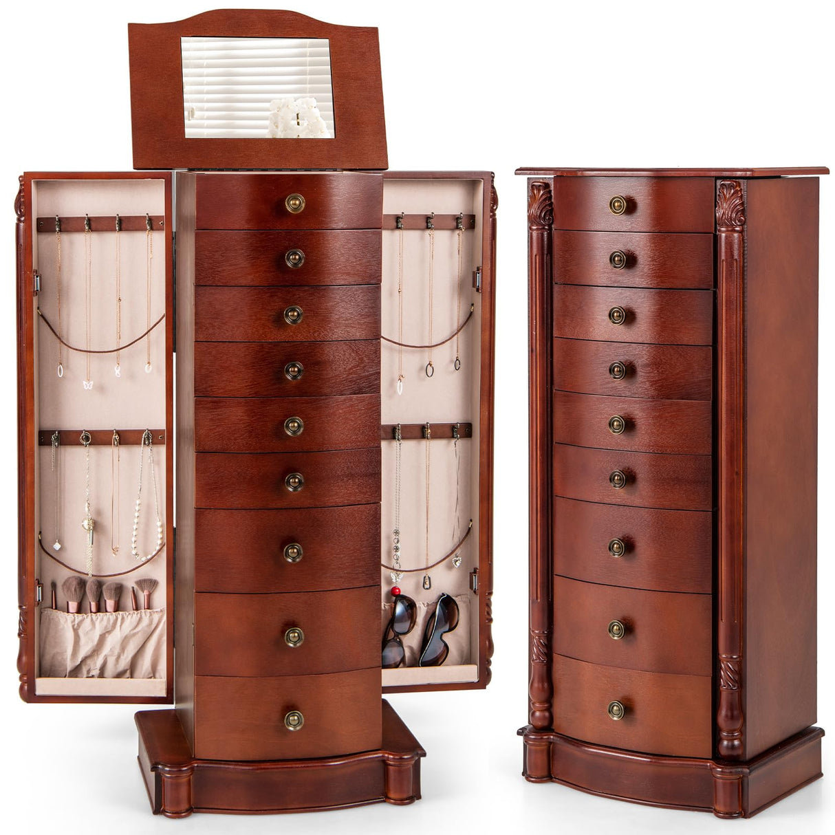Giantex Large Jewelry Armoire Cabinet with 8 Drawers & 2 Swing Doors 16 Hooks Top Mirror Boxes, Standing Cambered Front Storage Chest Stand, Large Standing Jewelry Armoire, Dark Walnut Giantex