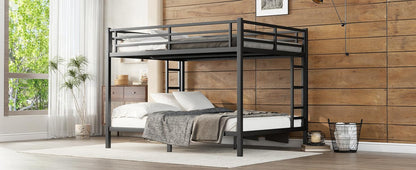 Queen Over Queen Bunk Bed with Ladders and Safe Guardrails, Metal Bunk Bed with Solid Construction, Space-Saving Heavy Duty Bunk Bed Frame for Kids, Teens, Adults, Noise Free, Black