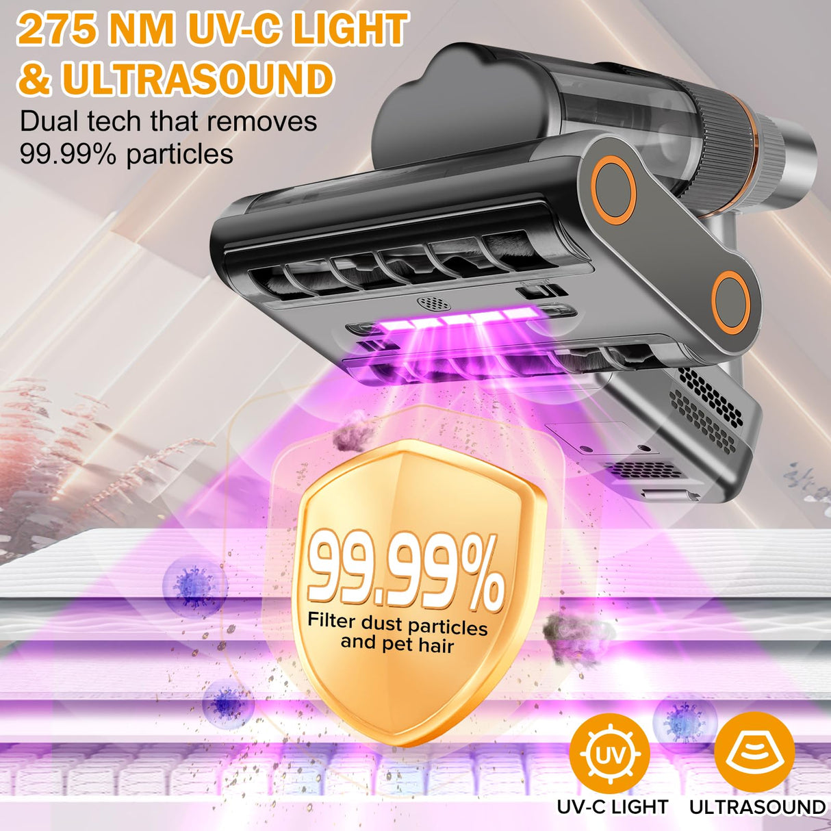 DAVANPAL Powerful Mattress Vacuum Cleaner,Handheld Bed Vacuum with UV-C Light, 16Kpa Strong Suction, 30000 RPM Dual Drum Brushes, 140°F Hot Air & Ultrasonic Tech, 500W Corded for Quick Dust Removal DAVANPAL