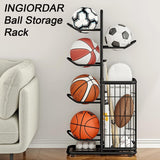 INGIORDAR Basketball Ball Storage Rack Freestanding Organizer Sport Equipment Garage Stand 6 Tier for Football Volleyball Soccer Indoor Outdoor, Black INGIORDAR