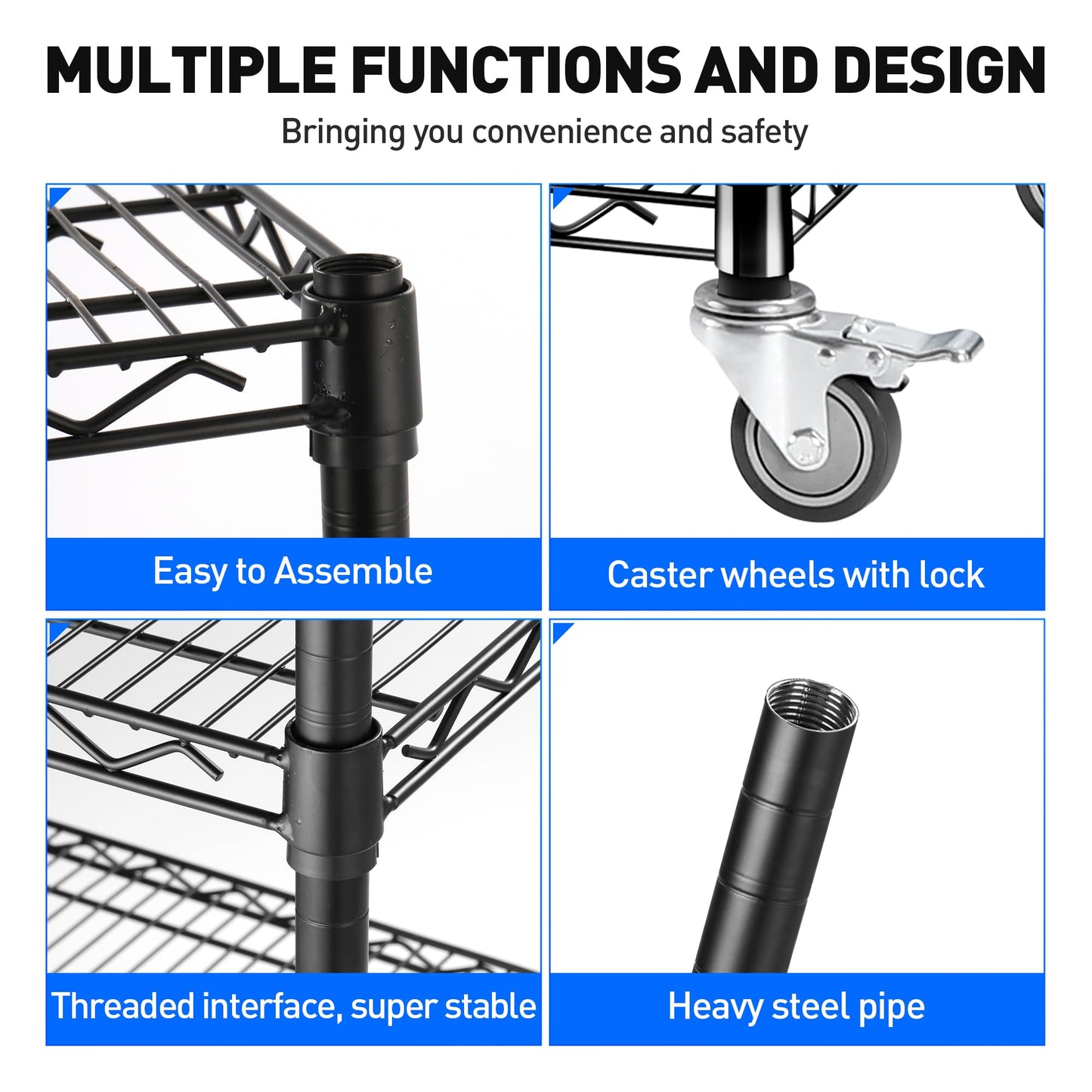 Rengue 4-Tier Wire Shelving with Wheels, 60"x 24"x72" Metal Storage Shelves, Heavy Duty Garage Storage Shelves, Chrome 2400LBS Capacity Wire Shelf Rack for Restaurant, Garage, Pantry, Black