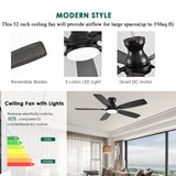 NKPU 52inch Flush Mount Ceiling Fans with Lights and Remote Control/APP Control, DC Reversible Motor, Noiseless, Dimmable, Low Profile Black Ceiling Fan for Bedroom Indoor/Outdoor Use NKPU