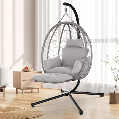 ZENPETIO Hanging Egg Chair with Stand & Leg Rest, Rattan Wicker Swing Chair with UV Resistant Cushion and Pillow, for Indoor Outdoor Bedroom Patio Hanging Basket Chair 370lbs Capacity, Grey