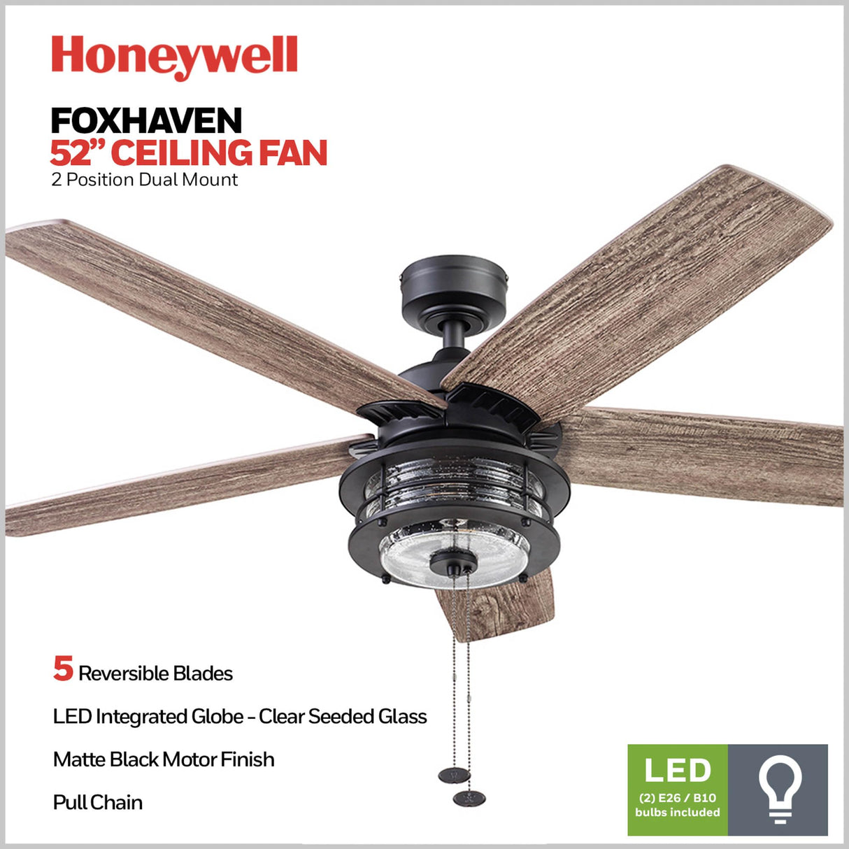 Honeywell Ceiling Fans Foxhaven Farmhouse 52 Inch Ceiling Fan with Light, Outdoor Fan/Indoor Dual-Mount LED Ceiling Fan, 5 Blades, Gray Cedar and Walnut Blade Finish Options, Matte Black (51631-01) Honeywell Ceiling Fans