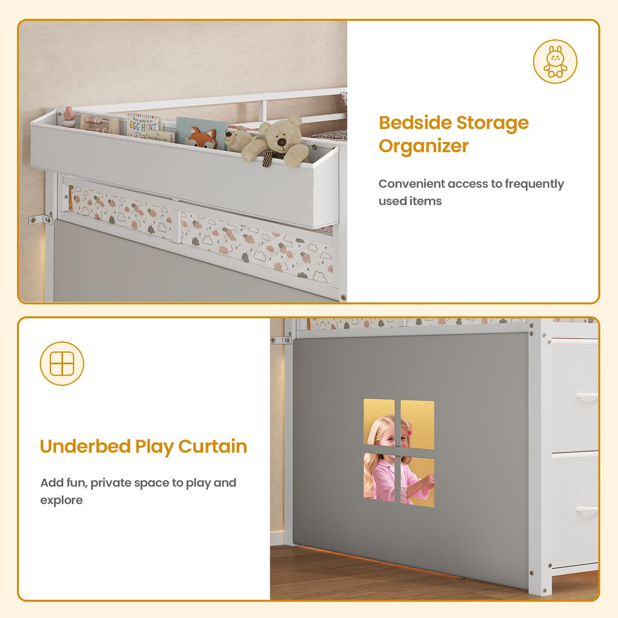 ADORNEVE Low Loft Bed Twin Size with 7 Storage Drawers, Bookcase and LED Lights, Metal Kids Loft Bed with 14" H Safety Guardrail,Inclined Ladder and Play Curtain, Under-Bed Play Space, White ADORNEVE