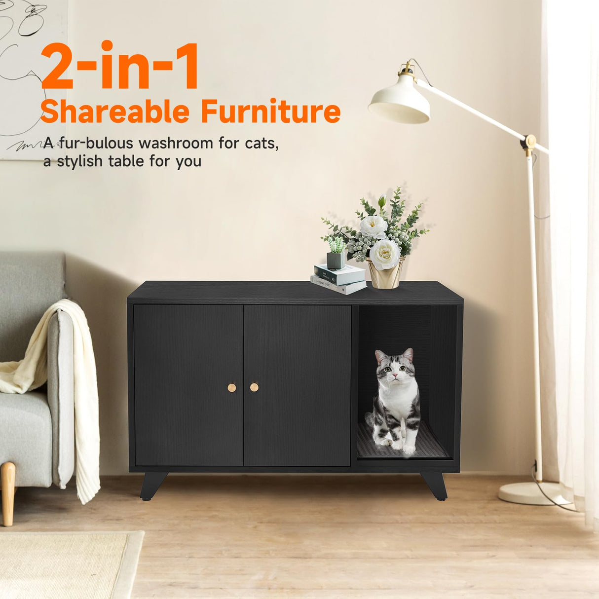 QuicMiou Cat Litter Box Enclosure, Hidden Litter Box Furniture Washroom Storage Cabinet, Modern Cat House with Scratche Pad (Black) QuicMiou