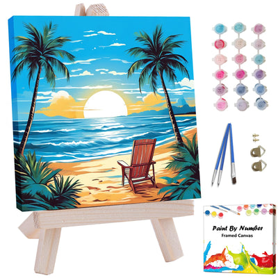 Artunion Framed Paint by Numbers Kit for Adults Beginners & Kids Ages 8-12,Summer Beach Paint by Number with Frame,Sunset Beach Paint by Numbers Kit on Canvas 10 * 10 Inch Without Easel