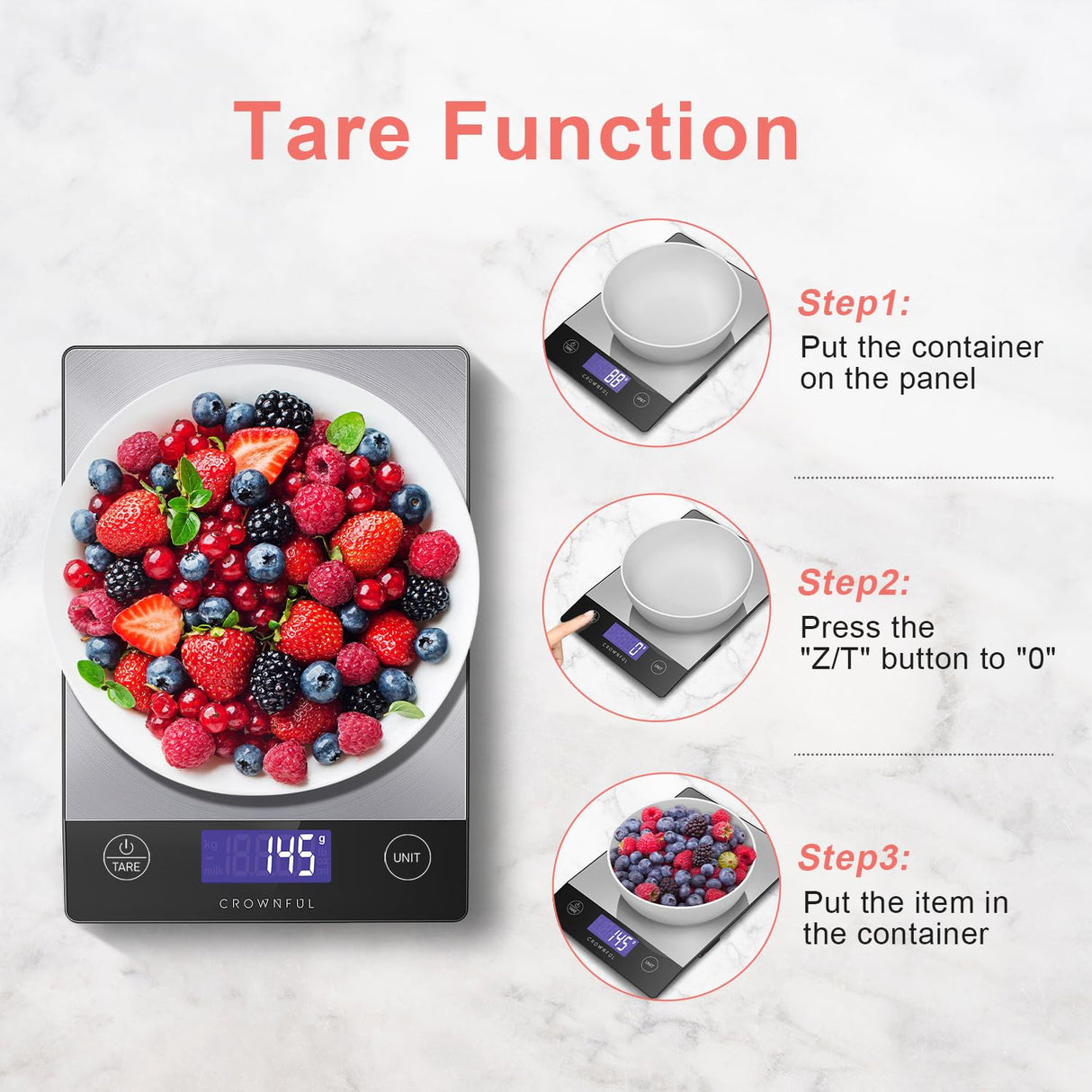 CROWNFUL Food Scale, Rechargeable 304 Stainless Steel Digital Kitchen Scale Upto 33lb Weight Grams and Ounces with LCD Display and Type-C Charging for Baking and Cooking CROWNFUL