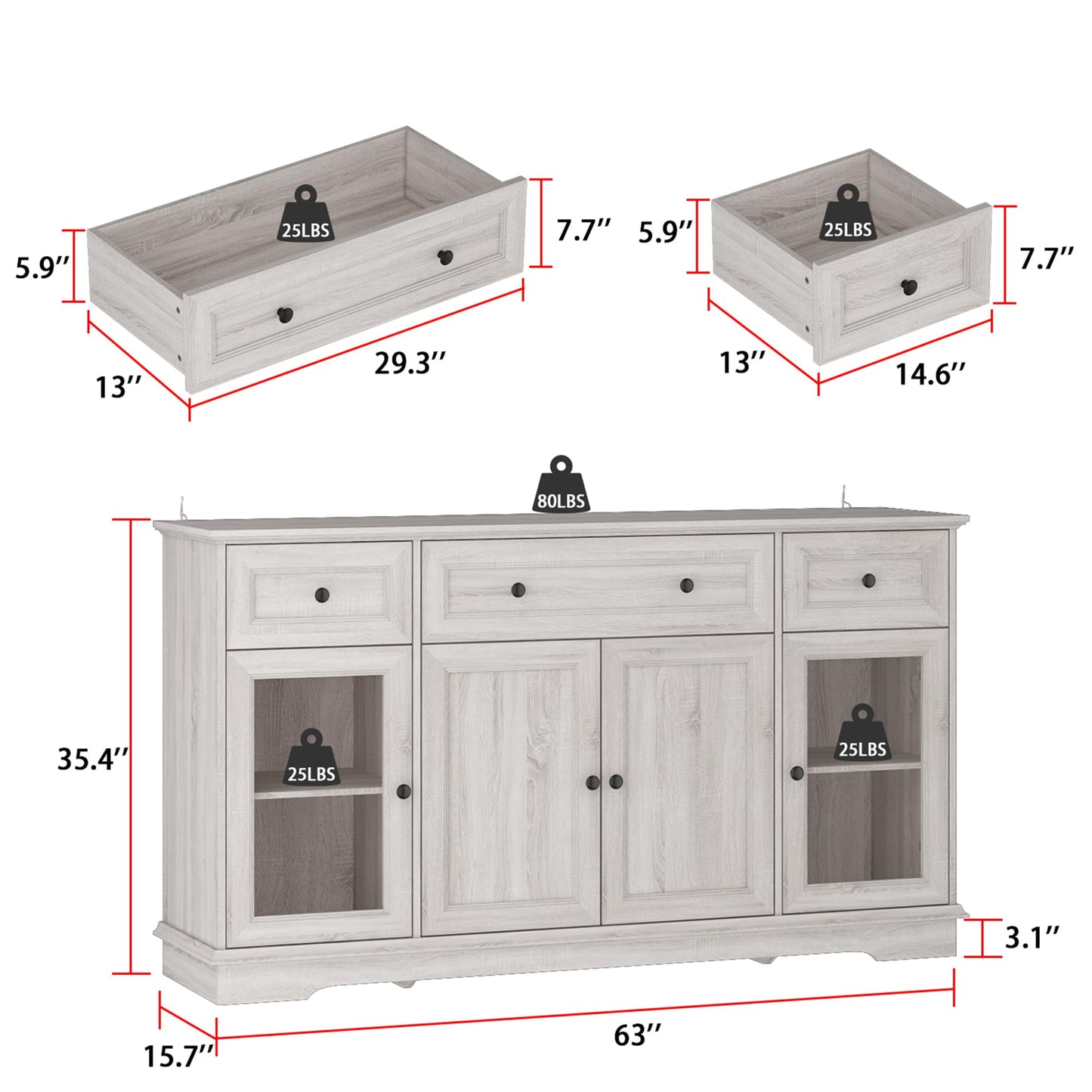 ECACAD Retro Credenza Buffet Sideboard Storage Cabinet with Glass Doors, Drawers & Shelves, Kitchen Wood Cupboard Console Cabinet for Living Room, Grey (63”L x 15.7”W x 35.4”H)