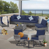 FHFO 10 Pieces Outdoor Patio Furniture Set with Swivel Chairs, Wicker Sectional Sofa Set Rattan Modular Patio Conversation with Cushions Couch & Coffee Table for Garden, Balcony, Porch, Grey-Blue FHFO