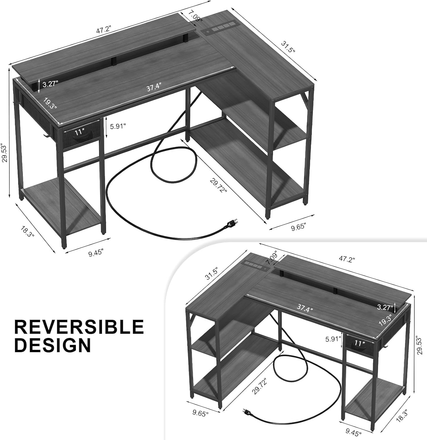 Eivanet 47 Inch L Shaped Desk Gaming Desk with LED Strip & Power Outlet, Reversible L-Shaped Computer Desk with Storage Shelf & Drawer, Corner Desk with Hook & Monitor Stands, Home Office Des - WoodArtSupply