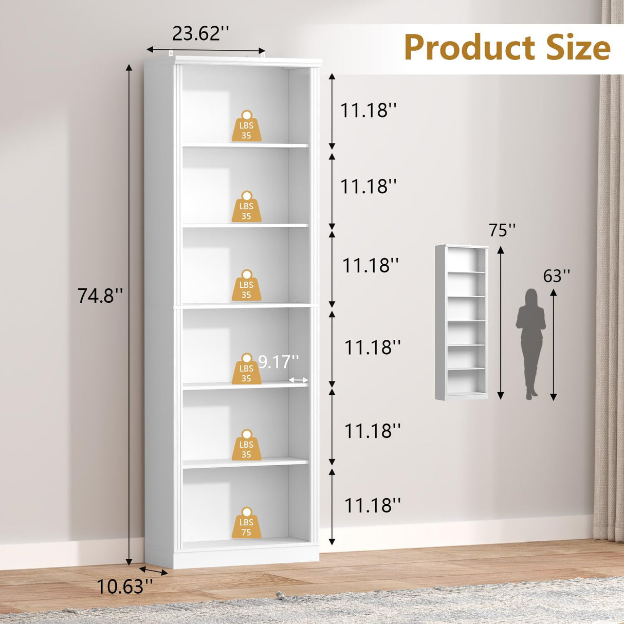 Thacuok 75" Tall Bookshelf & Bookcase, 6-Tier Adjustable Storage Shelves, Book Shelf with Anti-Tipping Device, Floor Standing Modern Display Rack for Living Room, Bedroom, Office, White Thacuok