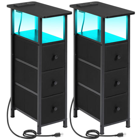 LOAKEKEL Narrow End Tables Living Room Set of 2 with Charging Station, Skinny Side Table with Fabric Drawers, Slim LED Nightstand for Bedroom, Small Spaces, Couch, Black, HETNDP03LBK LOAKEKEL