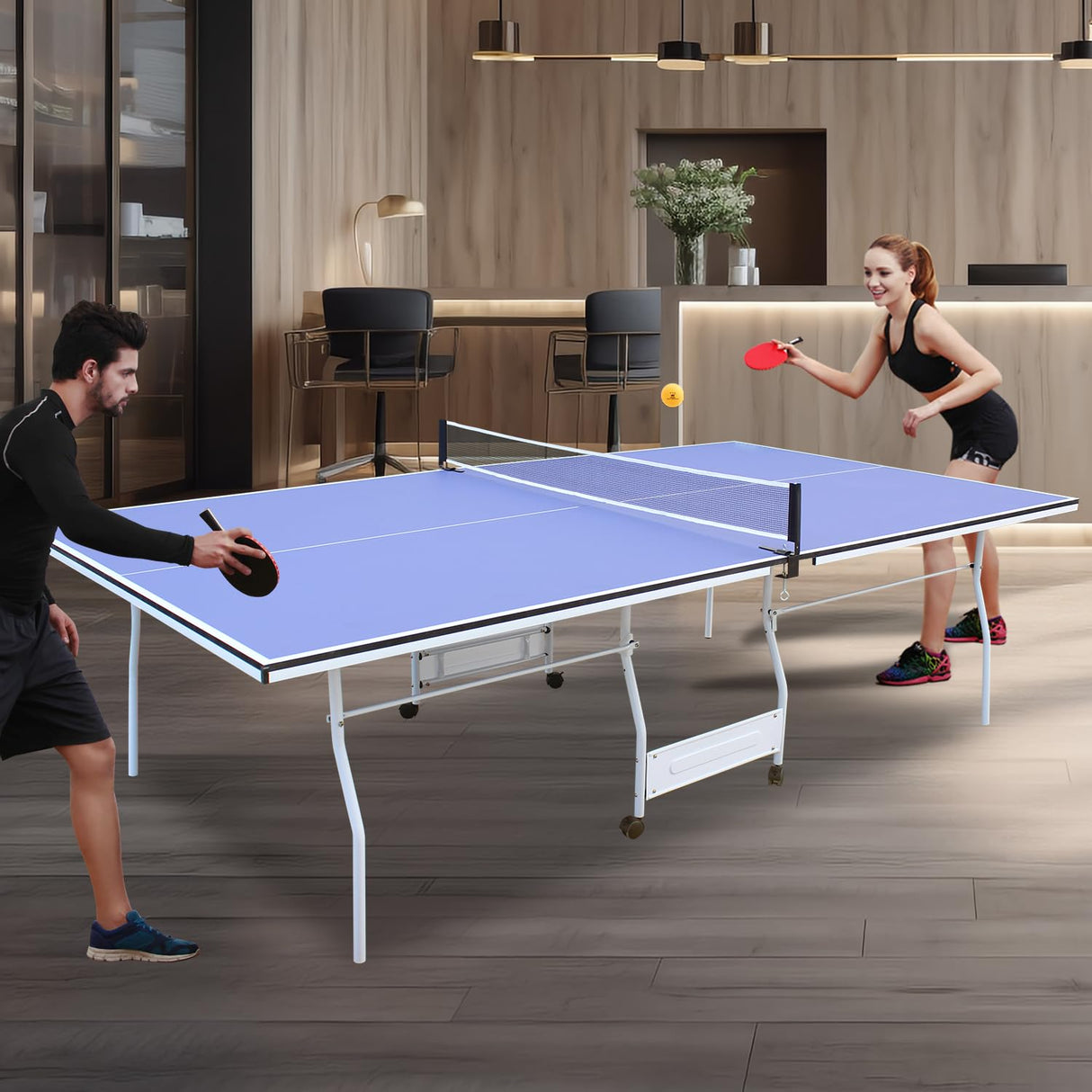 NicBex Ping Pong Table 9ft Mid-Size Table Tennis Table Foldable Portable Ping Pong Table Set with Net, 2 Table Tennis Paddles and 3 Balls for Indoor & Outdoor Games for Adults and Family, Blue NicBex