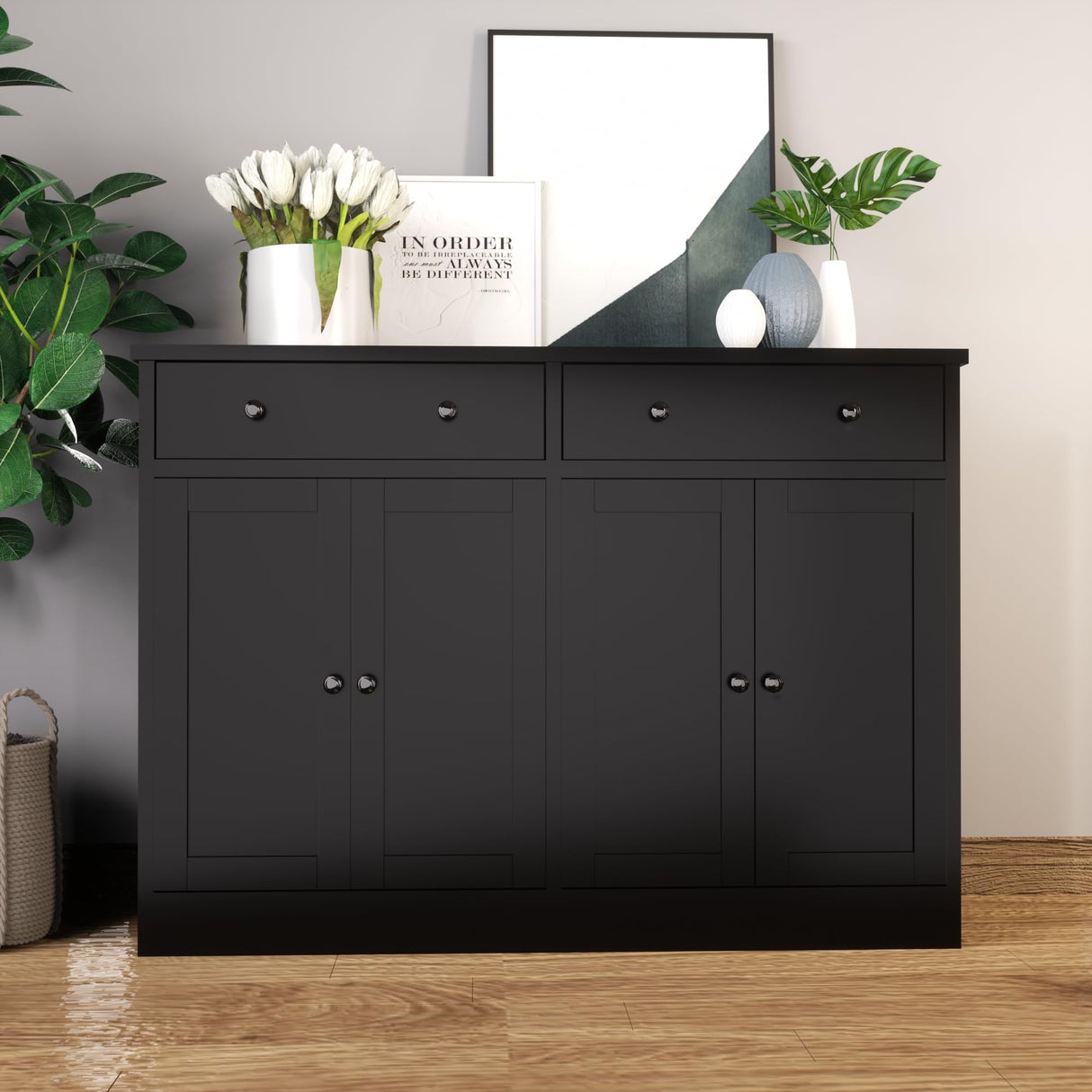 holzart Black Buffet Storage Cabinet with doors and drawers, 49" W Coffee Bar Cabinet, Kitchen Buffet Sideboard for Living Room, Kitchen holzart