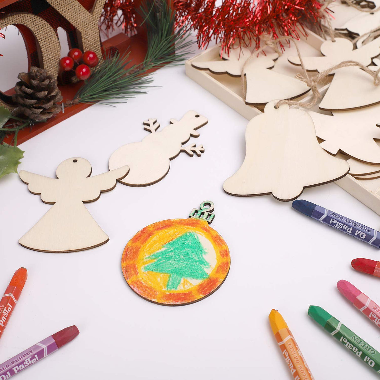 MACTING 27PCS Wooden Christmas Ornaments Unfinished Predrilled Natural Wood Slices DIY Blank Hanging Ornaments Kit for Crafts Centerpieces Christmas Tree Decorations, 9 Styles MACTING