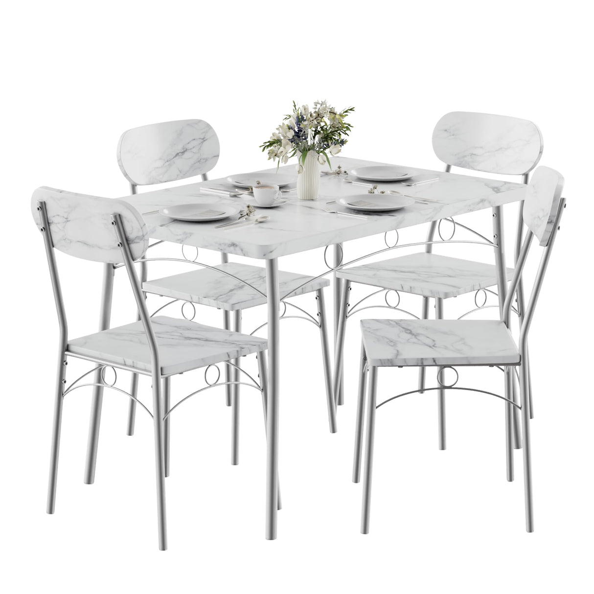 VECELO Dining Table Set for 4, 5-Piece Kitchen Table with 4 Chairs, MDF Board Tabletop with Metal Frame for Small Space, Compact Dinette, Breakfast Nook, White VECELO