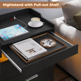 HAUOMS Black Nightstand Set of 2,LED Night Stand with Charging Station & Pull-Out Tray,Bedside Table with Drawers,Modern End Table Side Table Storage Cabniet HAUOMS